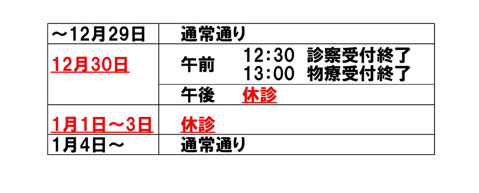 2023年12月年末年始診療のお知らせ