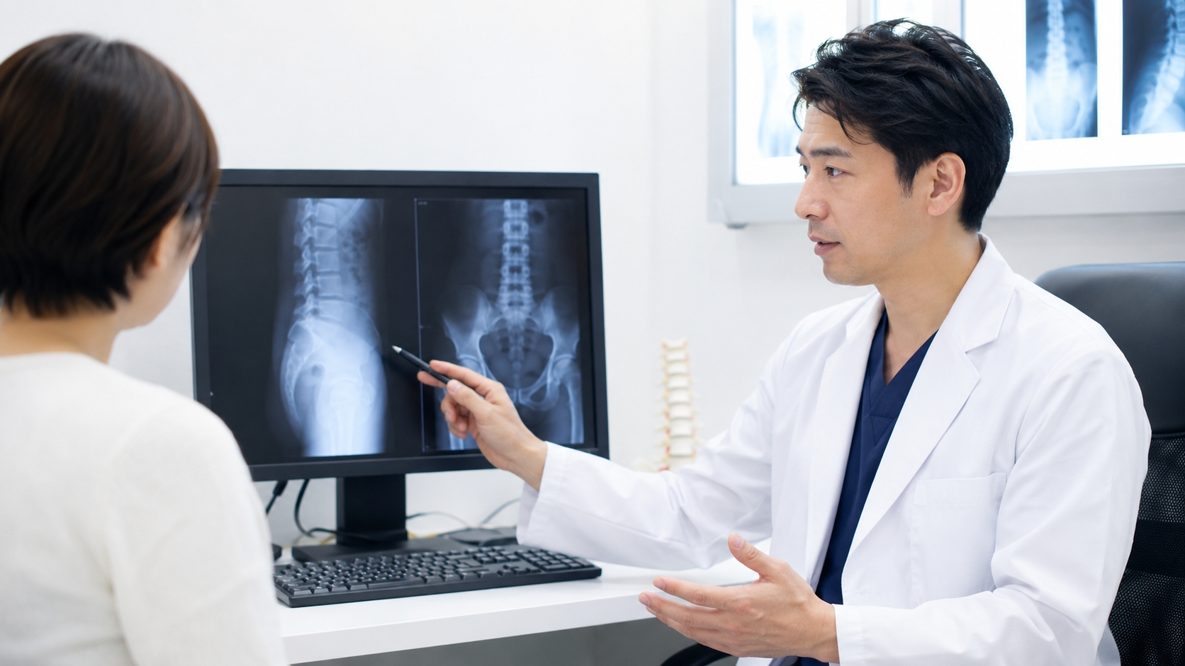 整形外科で医師の診察と説明を受ける患者の様子