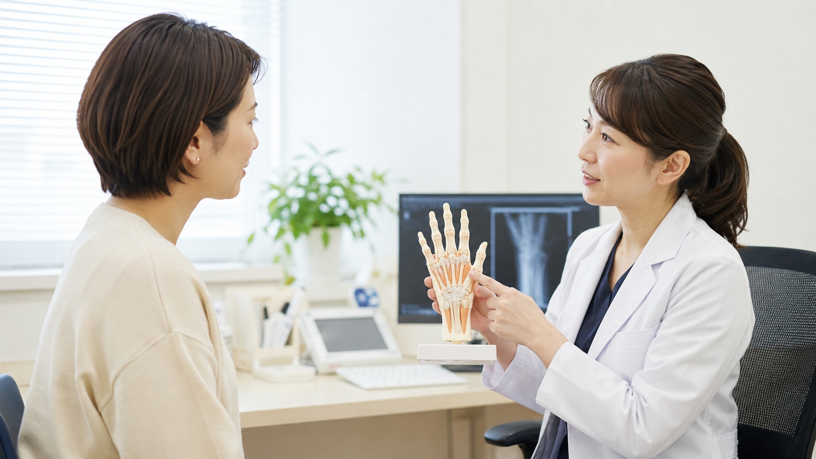 ホルモンバランスとばね指の関係について医師の診察を受ける様子