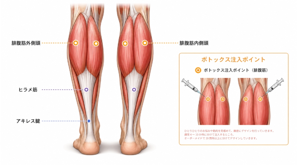 ふくらはぎの筋肉解剖図とボトックス注入ポイントのイメージ