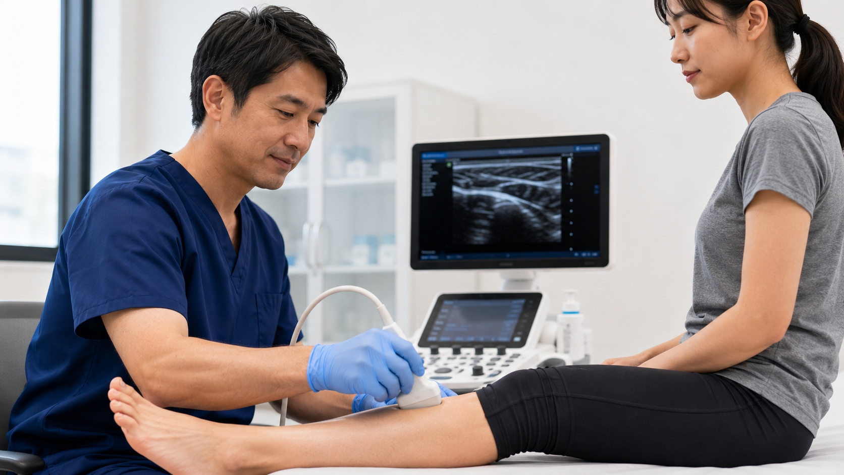 整形外科医が患者の足首を丁寧にエコー検査している様子