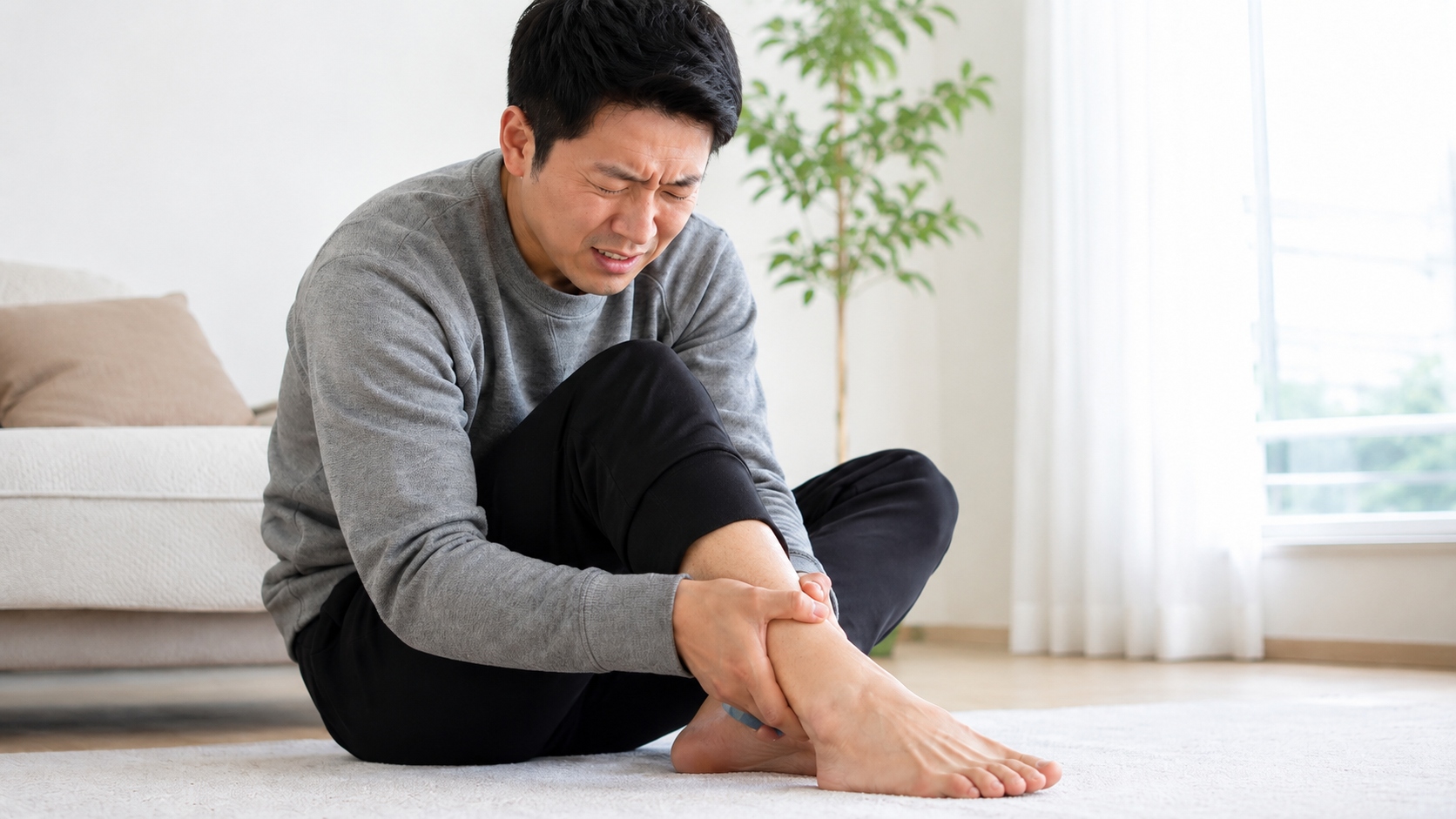 足首を押さえて痛そうにしている人
