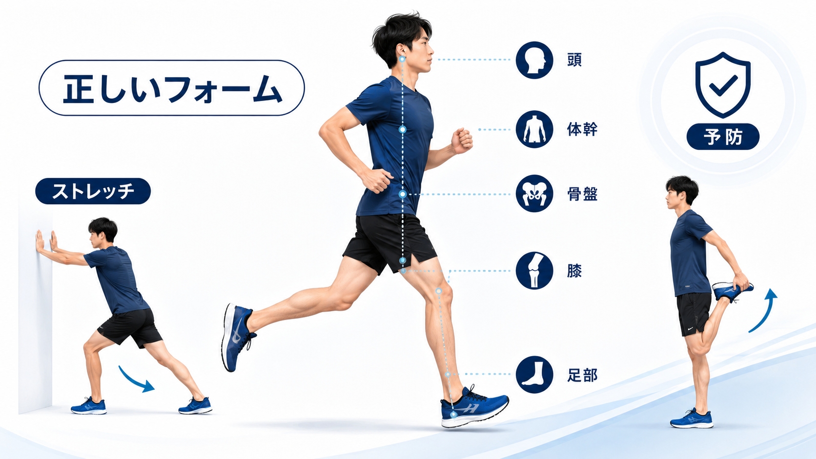 正しいランニングフォームやストレッチなどの予防法を示すイメージ画像