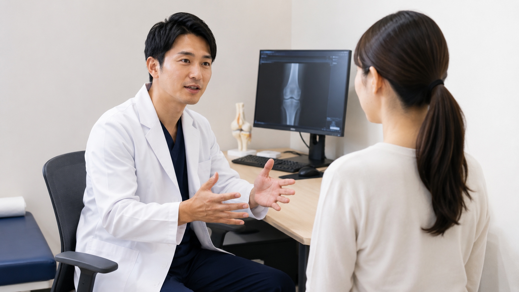 整形外科医がつま先立ち時のふくらはぎと足首の動きを診察している様子
