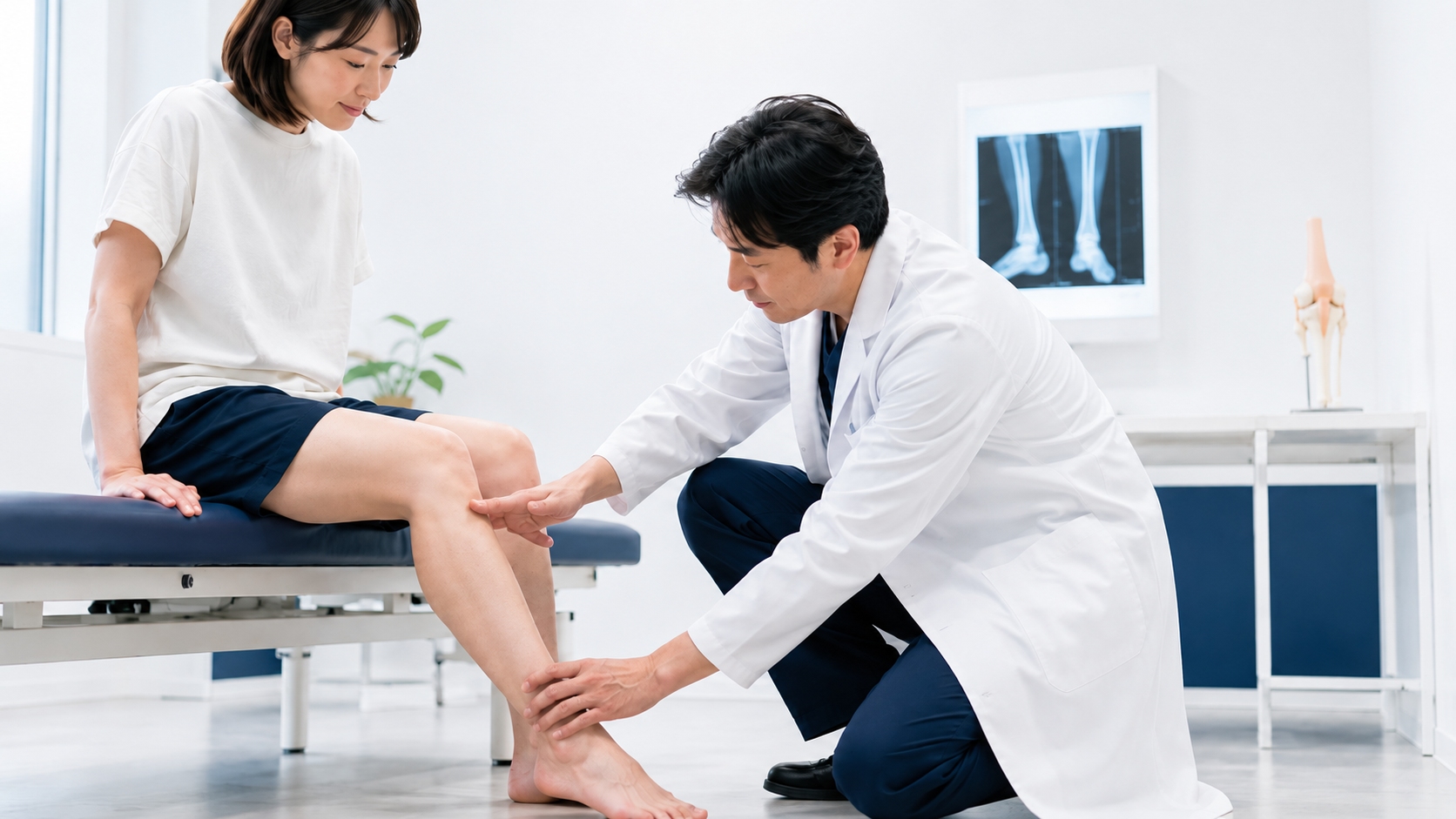 医師がふくらはぎを診察している様子