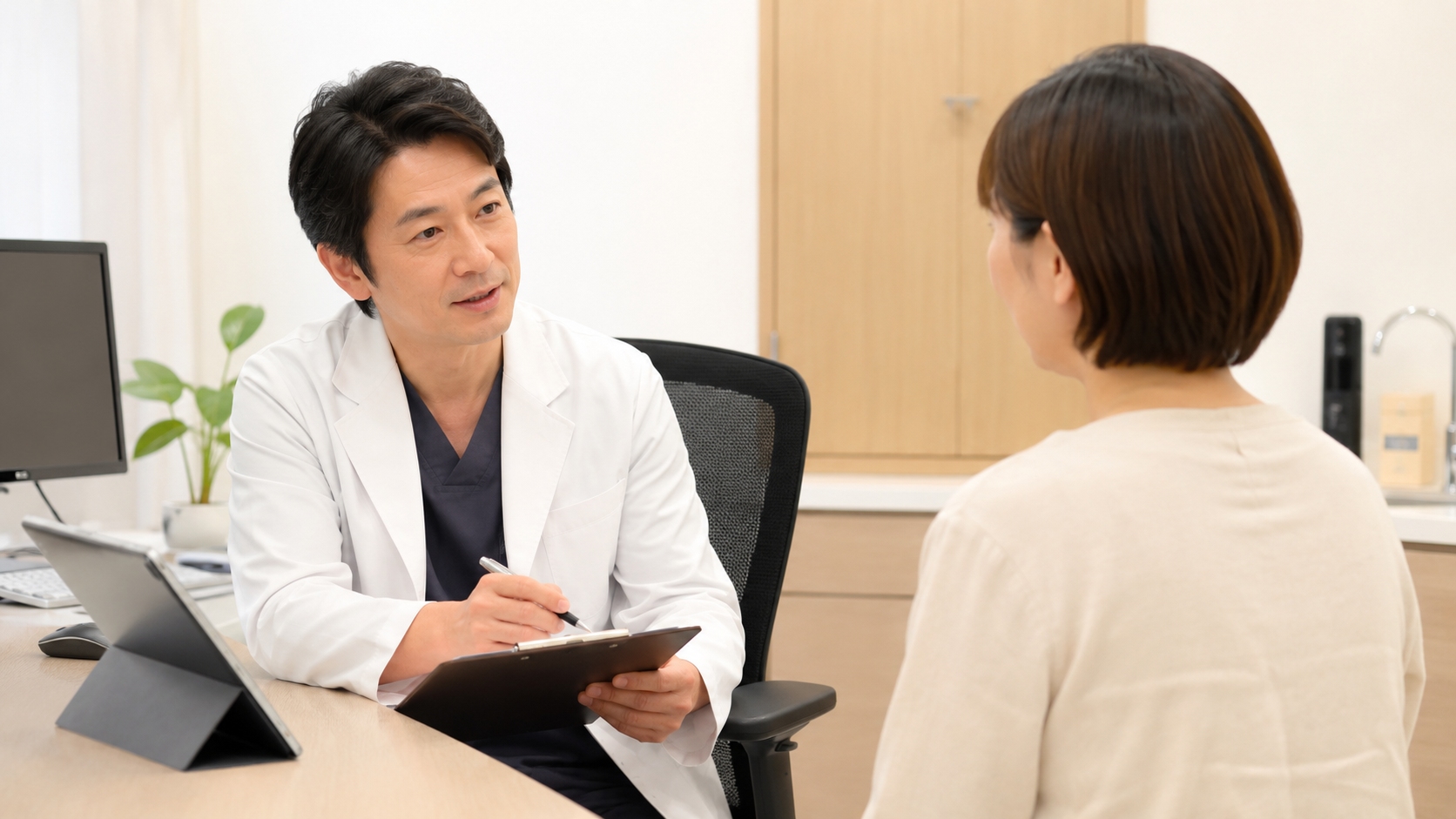 医師が患者の腰の状態を診察している様子