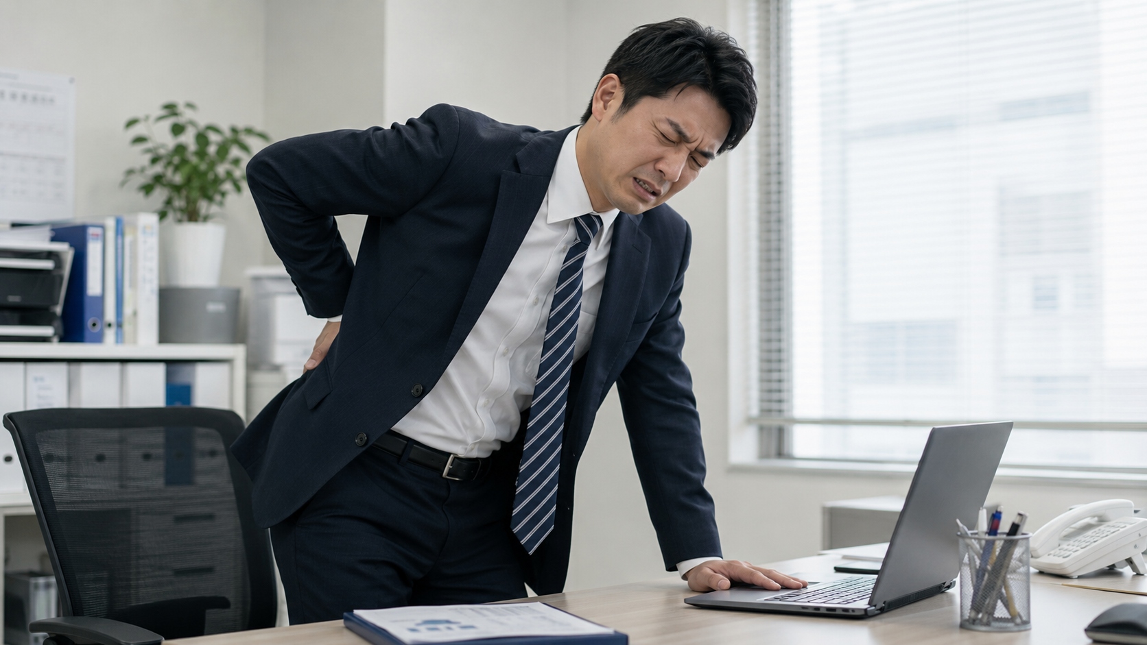 仕事中に腰を痛め、整形外科の受診を検討している会社員