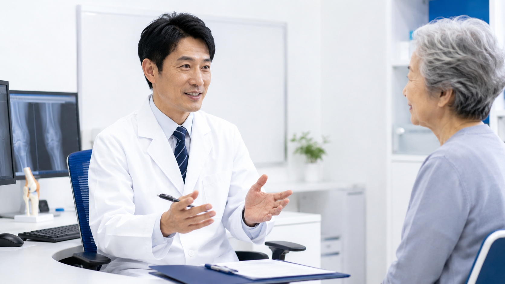 医師と患者が診察室で向かい合って話している様子