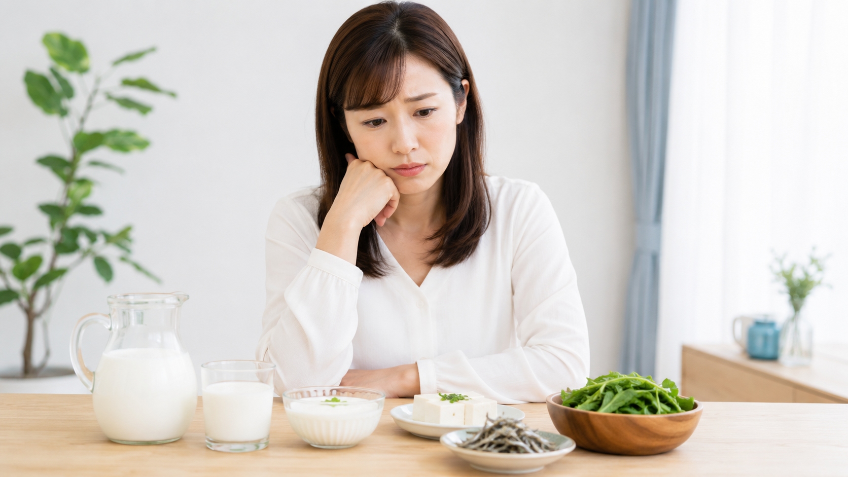 牛乳や小魚などの食材と食事の限界を考える女性