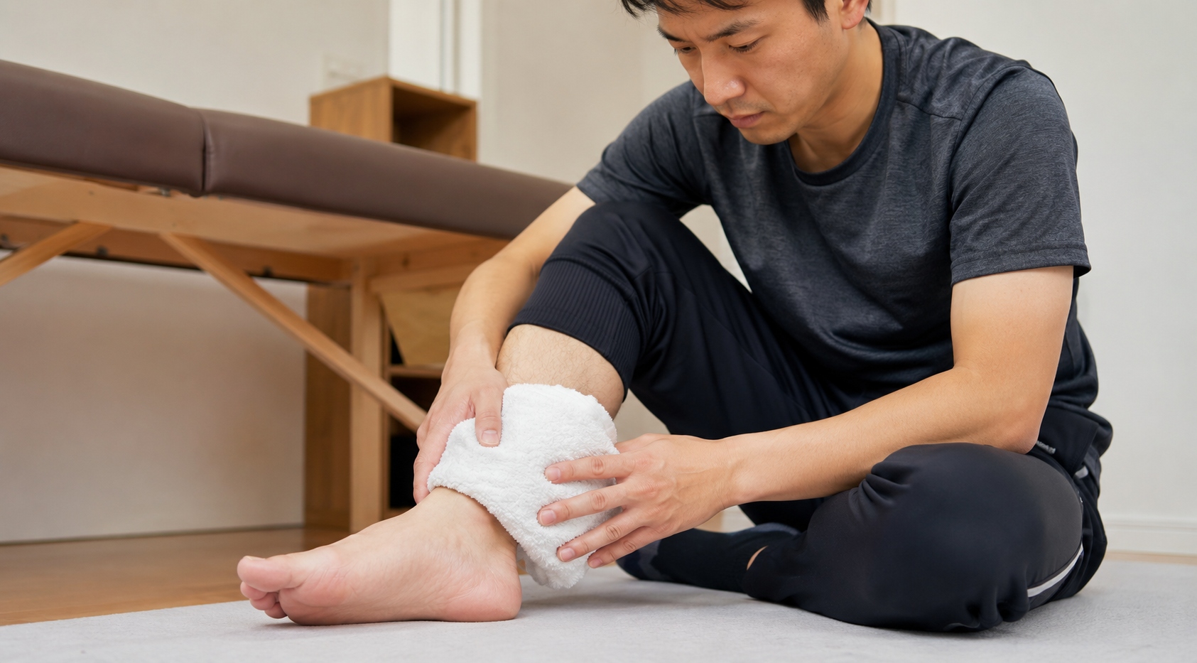 タオルで包んだ保冷剤を足首に当てて冷やしている様子
