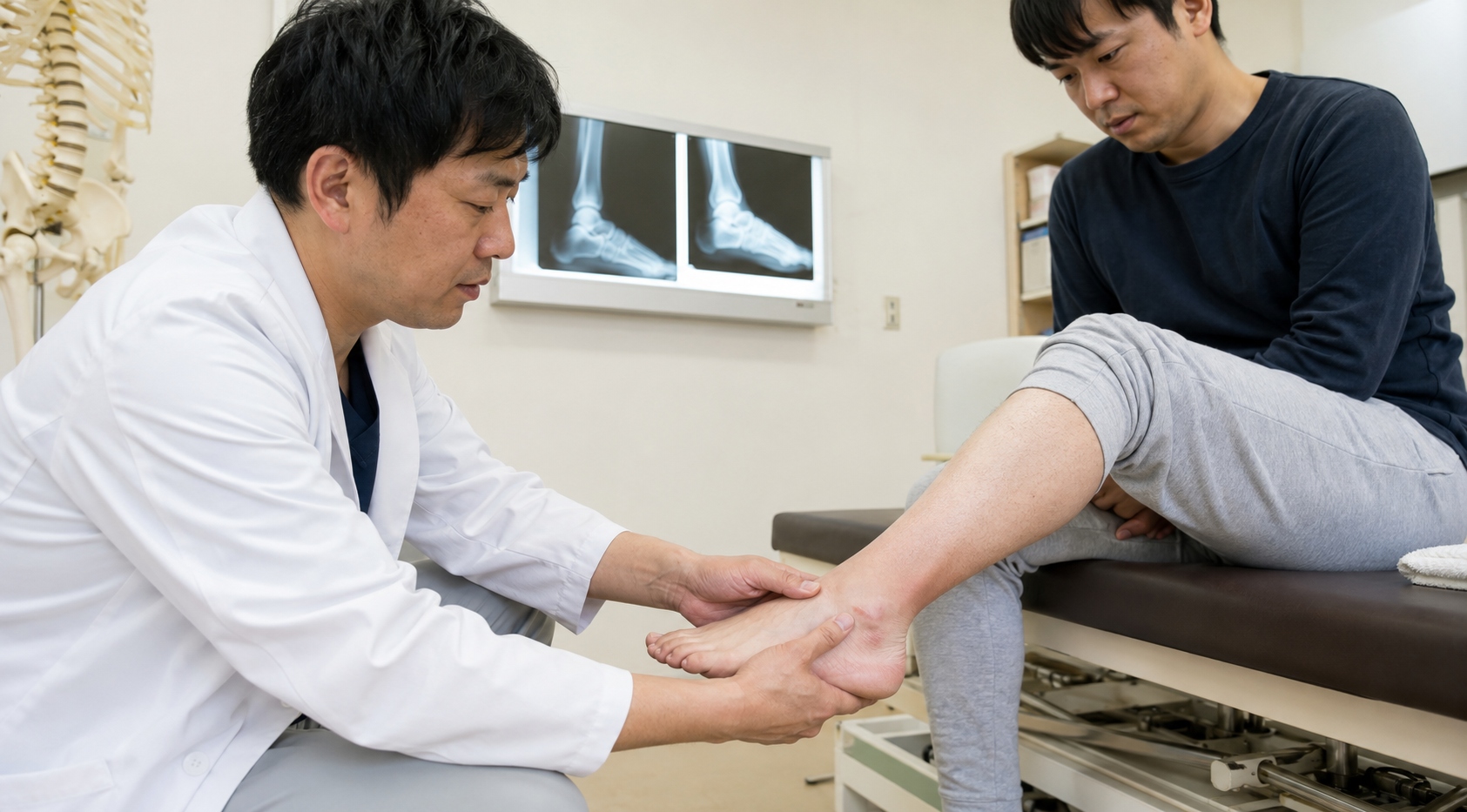 医師が診察室で患者の足首の腫れや痛みを確認している様子