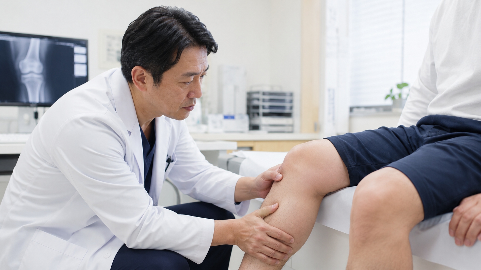 診察室で医師が患者のけがの部位を確認している様子