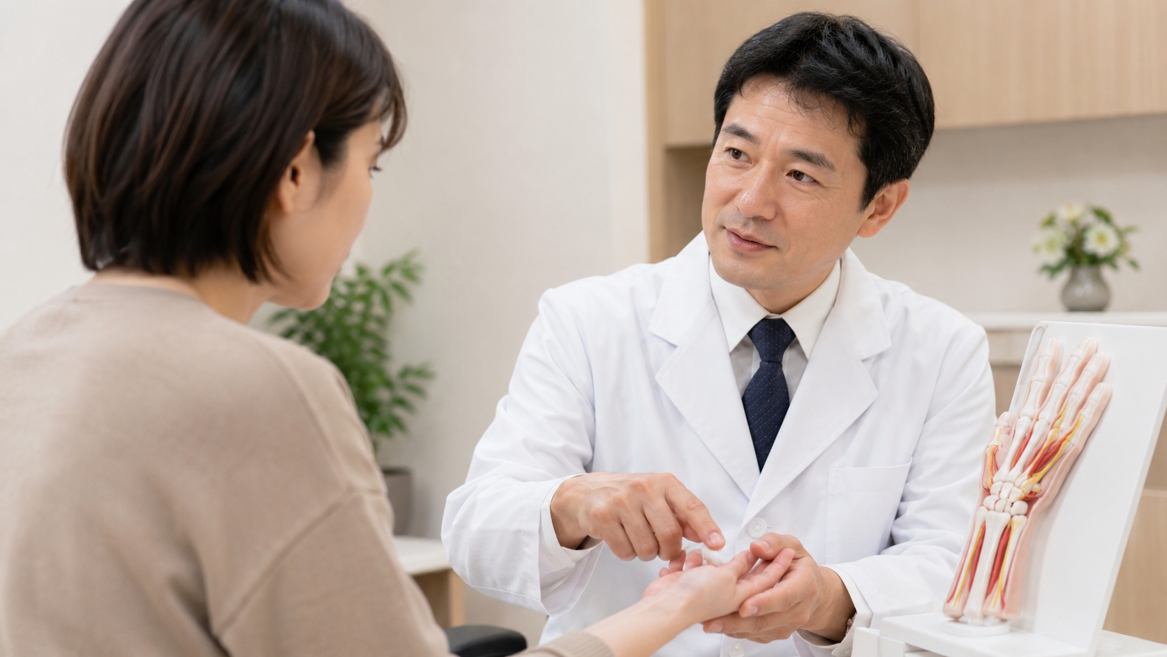腕や手のしびれについて医師が診察し説明している様子