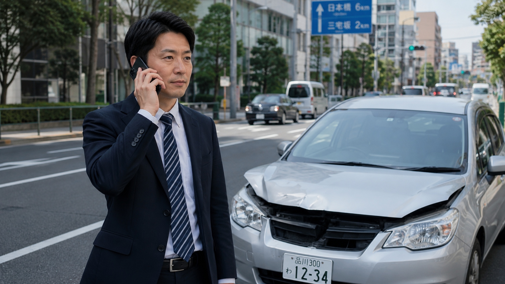 けがをした後、安全な場所から勤務先へ連絡する会社員