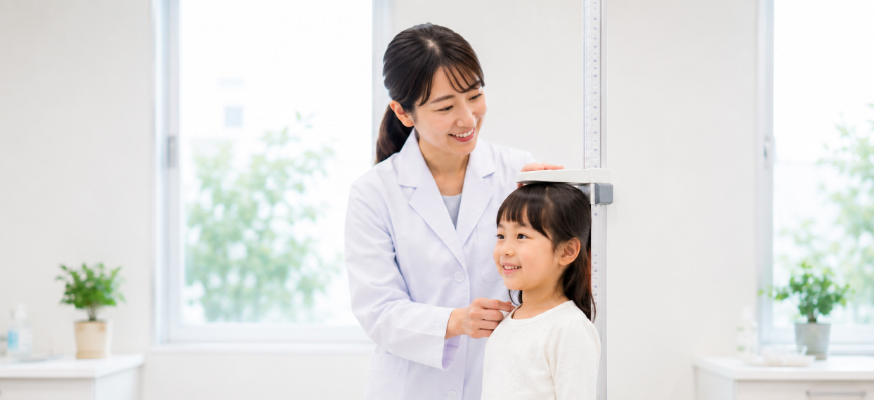 医療機関で子どもの身長を測定して成長状態を確認している様子