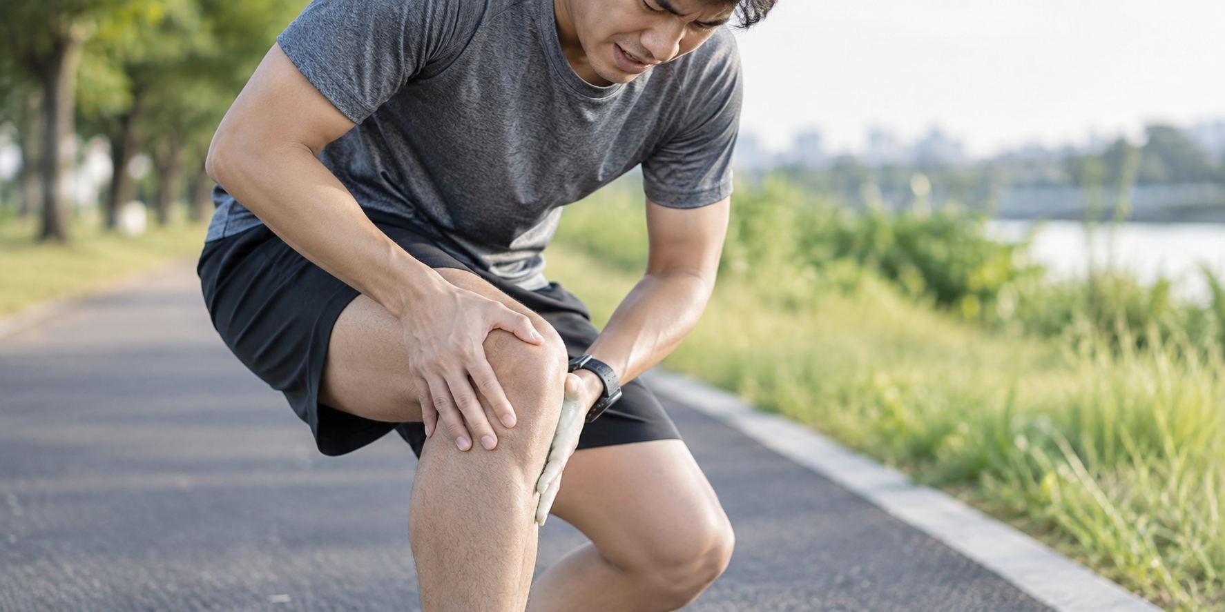 ランニング中に膝の痛みを感じる男性