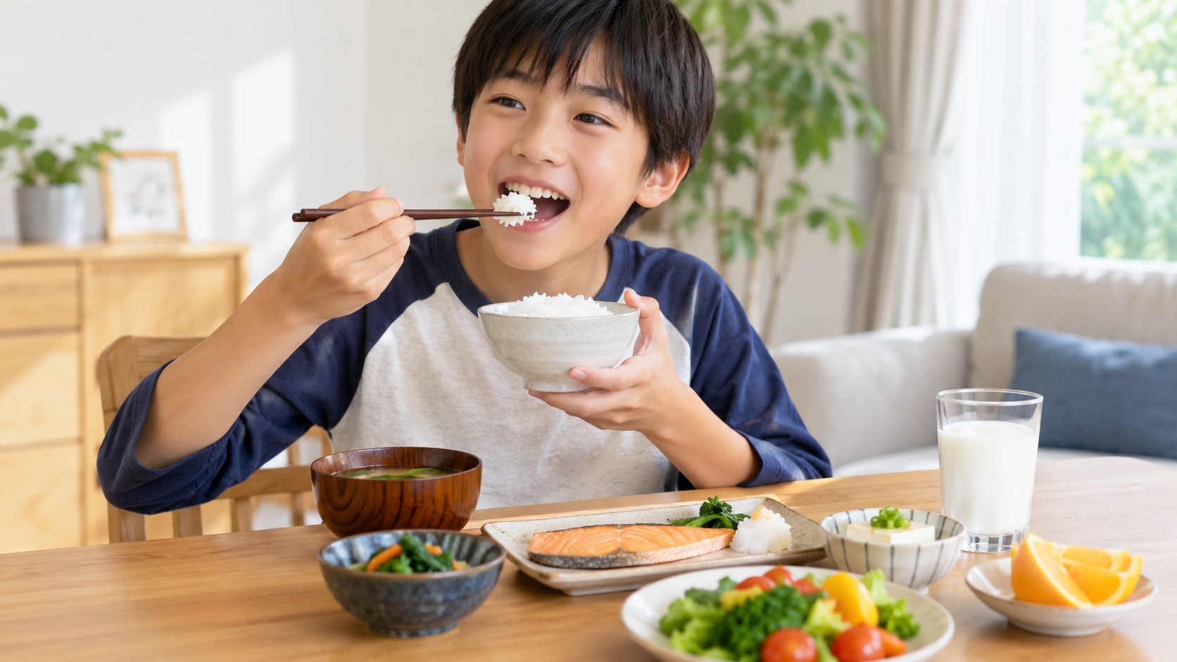 成長期の子どもがご飯・魚・野菜・豆腐・牛乳などを組み合わせた食事をとる様子