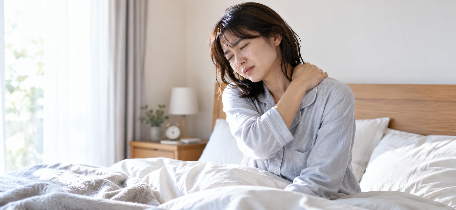 朝起きたときに首や肩のこりを感じている様子