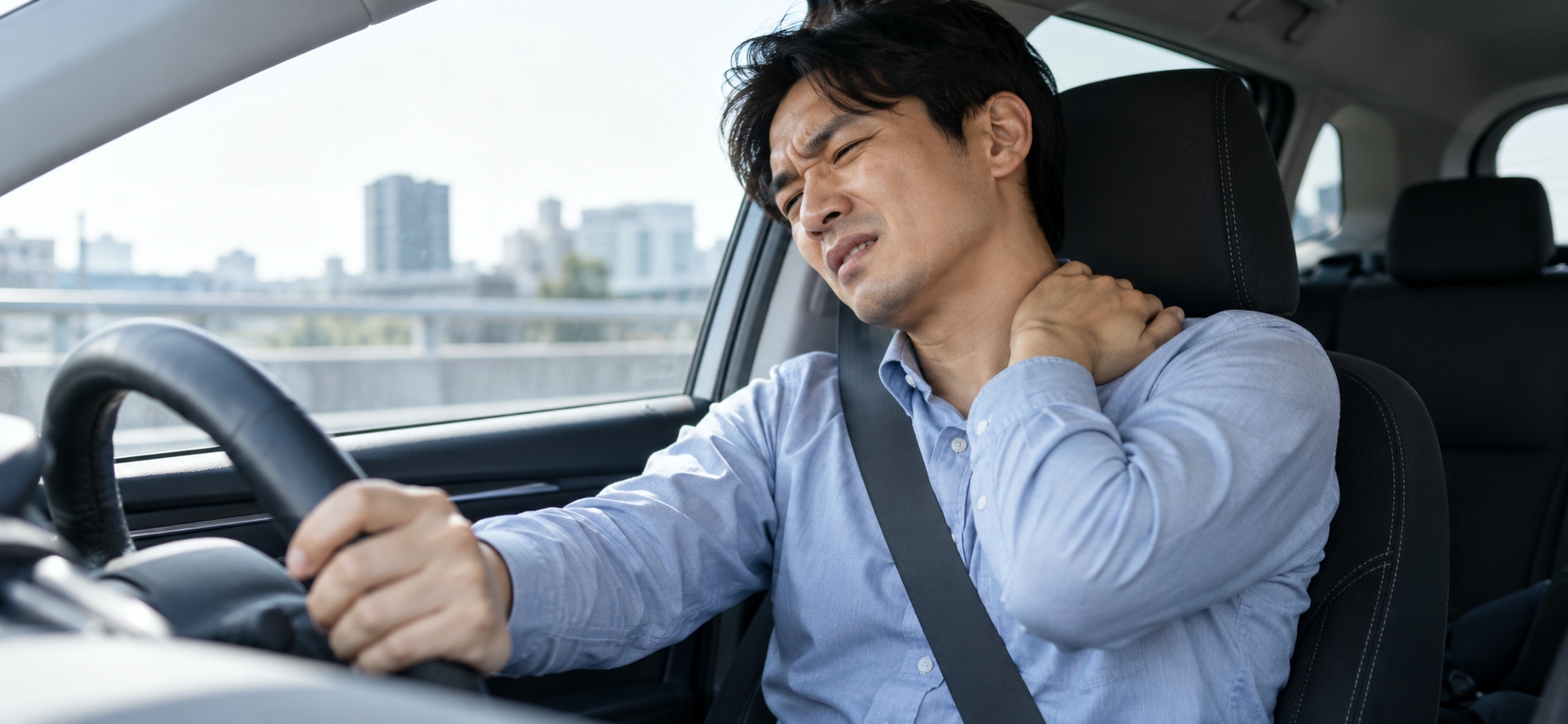 車の運転による首や肩のこりに悩む人のイメージ