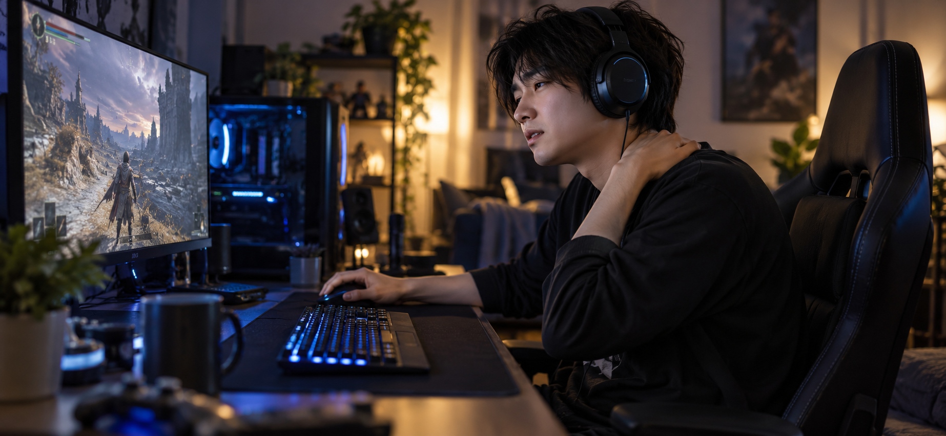 ゲーム中に首や肩へ負担のかかる姿勢を取っているイメージ