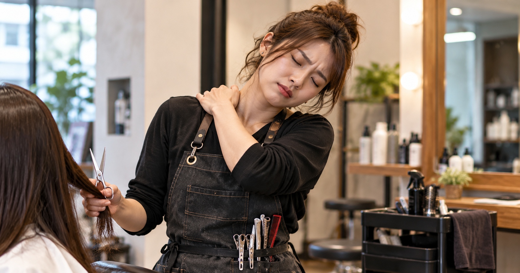 カットやブローなどの仕事による首・肩のこりに悩む美容師
