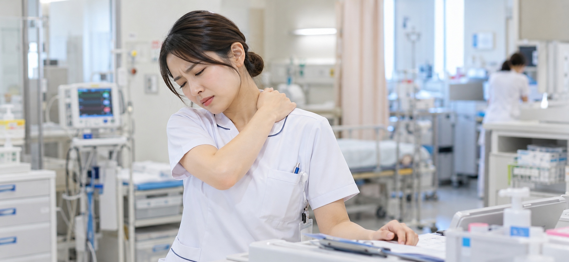 首や肩のこりに悩む看護師のイメージ
