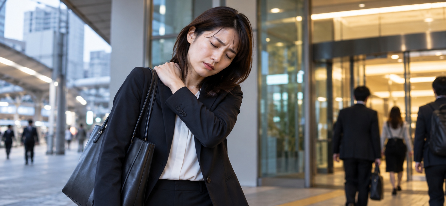 通勤や仕事の後に首・肩のこりを感じている人のイメージ
